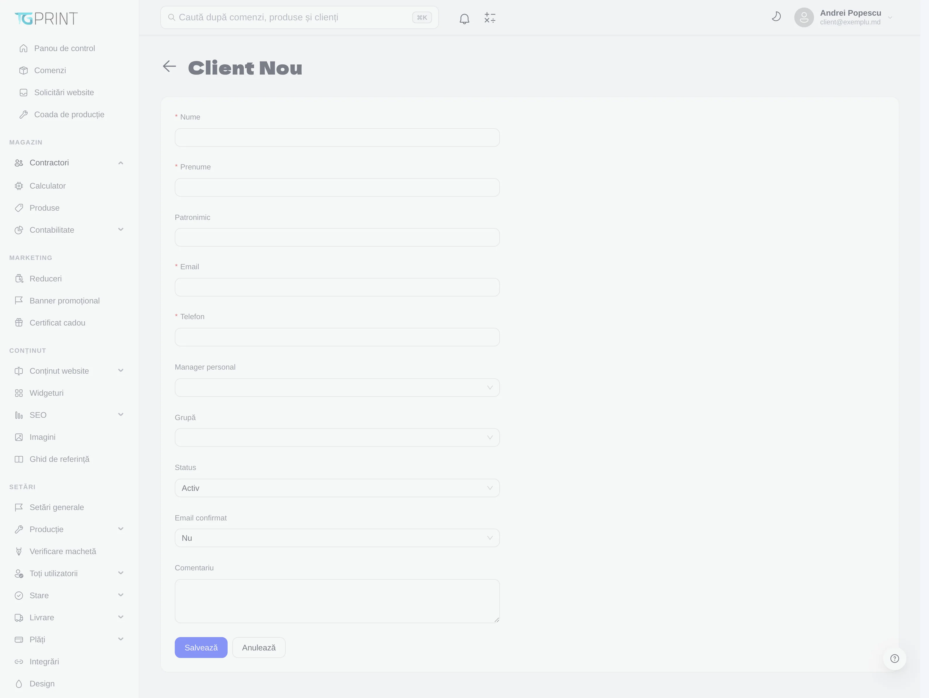 Formularul „Client nou”