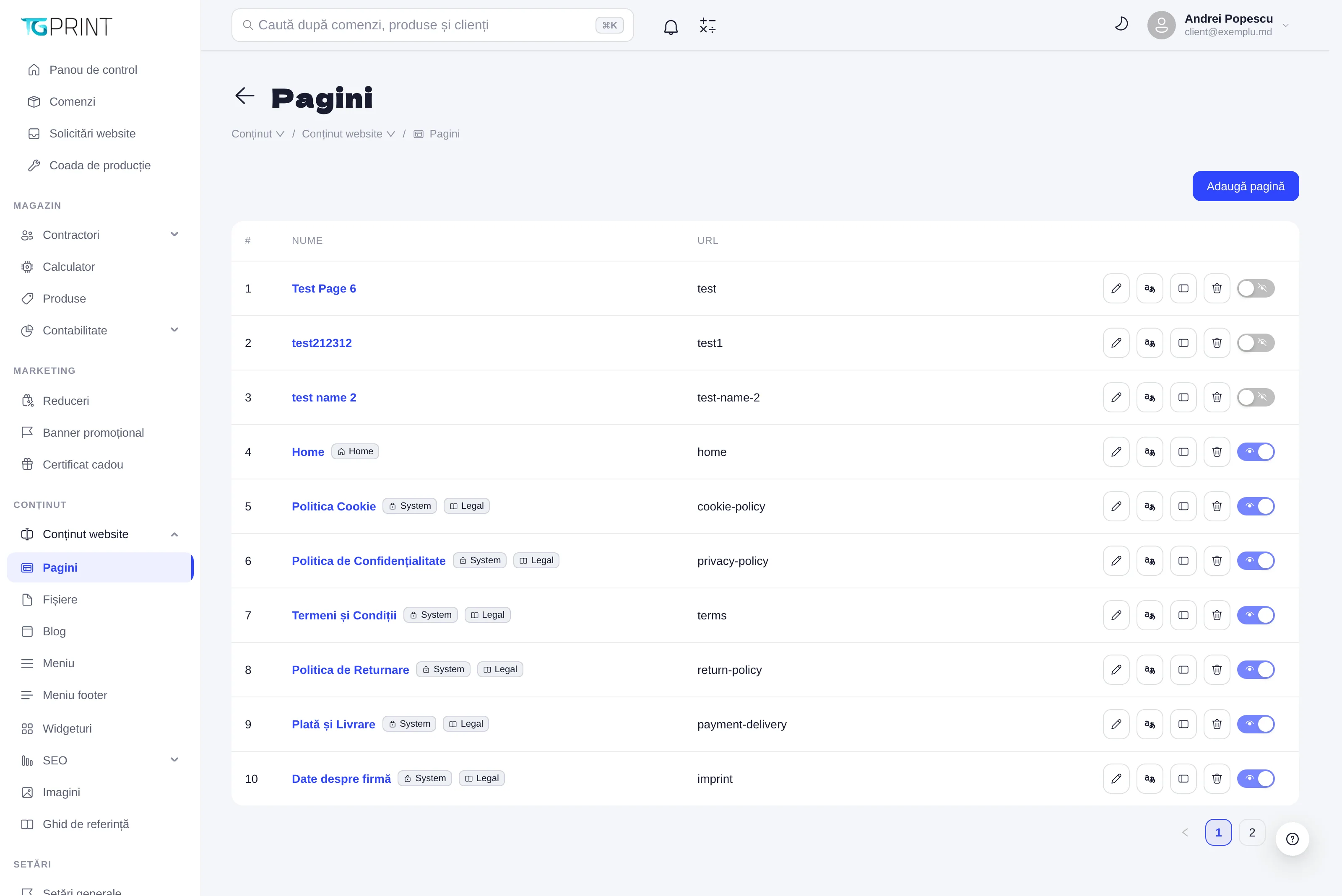 Lista paginilor