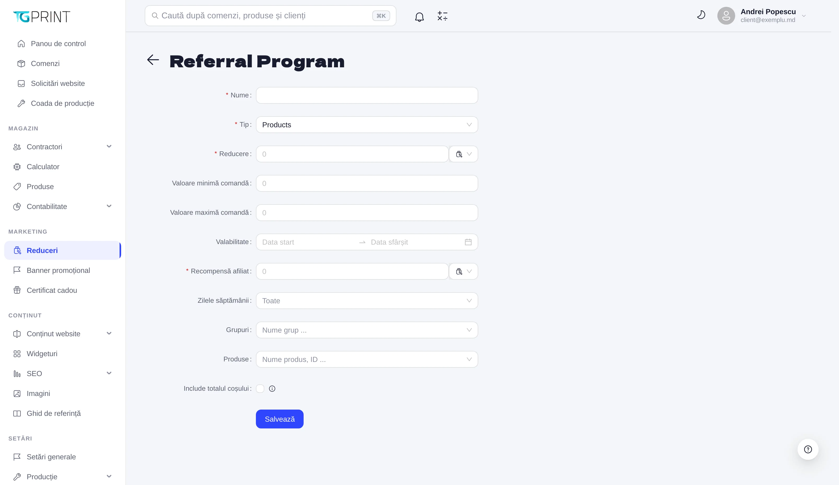 Formularul unui program de recomandare