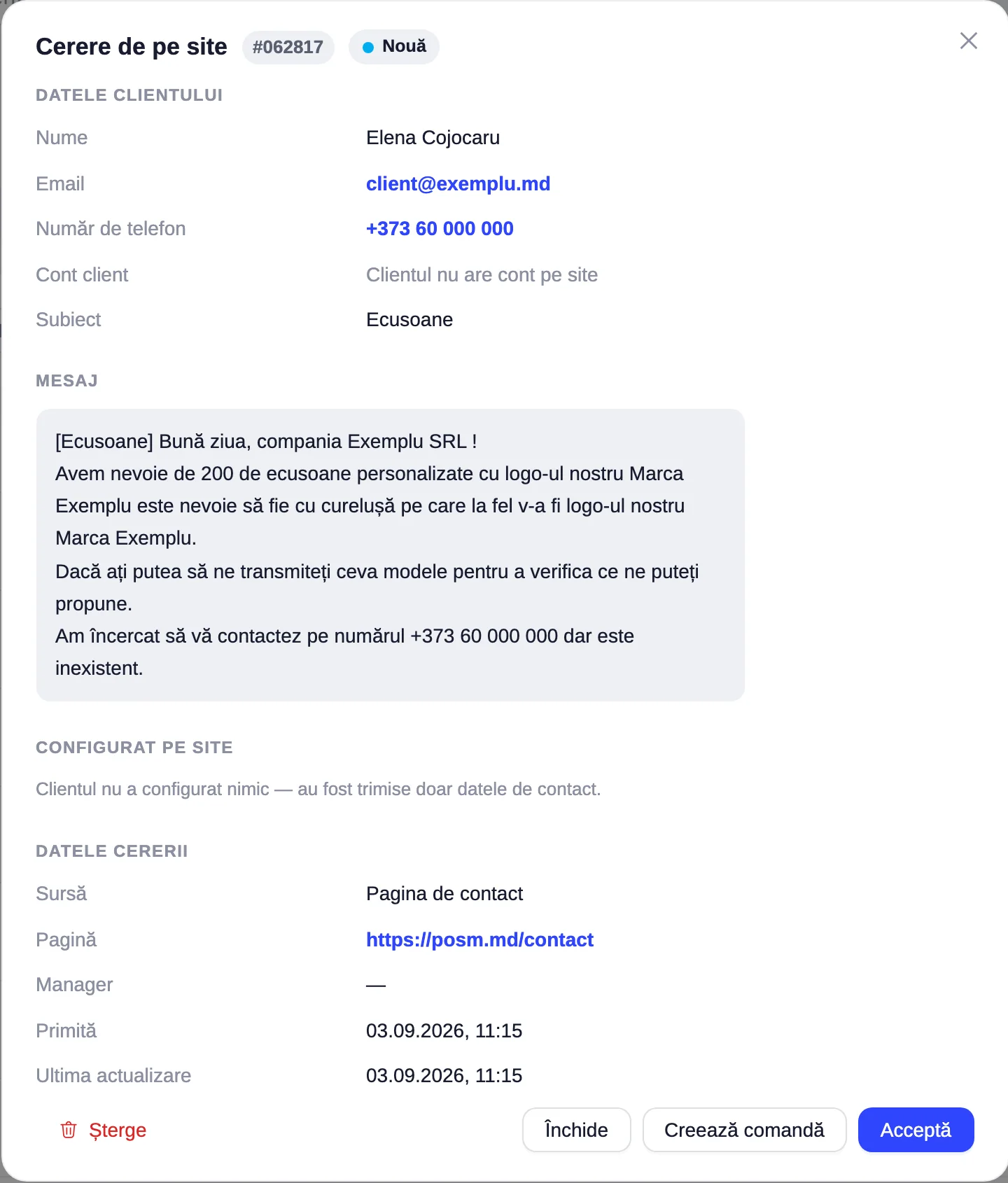 Fereastra cu detaliile unei cereri